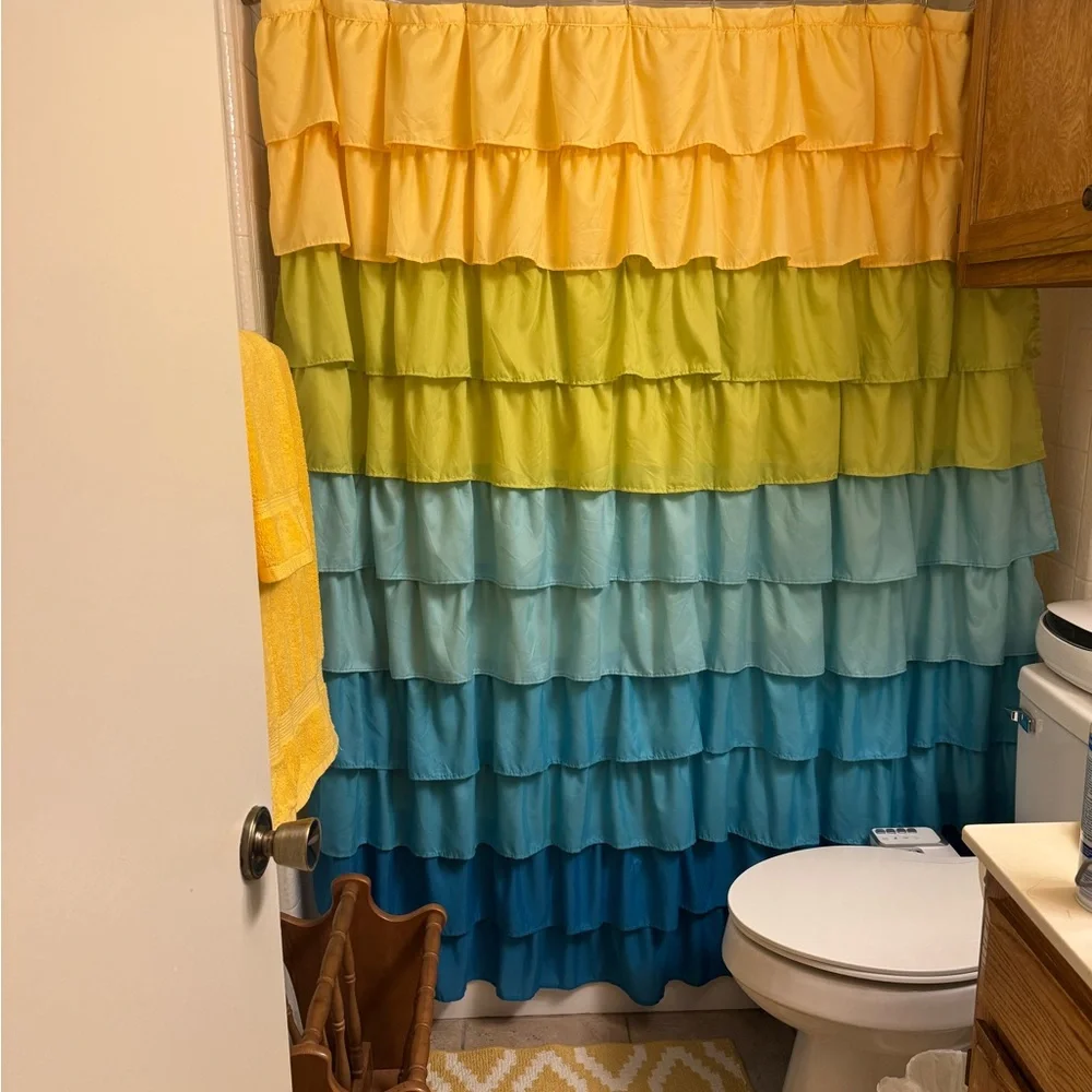 Vibrant Ruffled Shower Curtain in Yellow, Green, and Blue